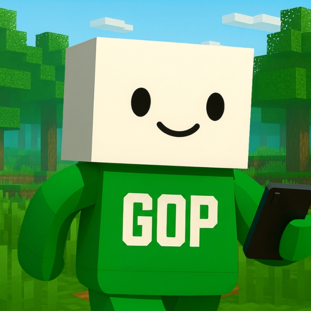 The GOP mascot, a blocky voxel character with a white cube head and a bright green GOP shirt, holding a game device